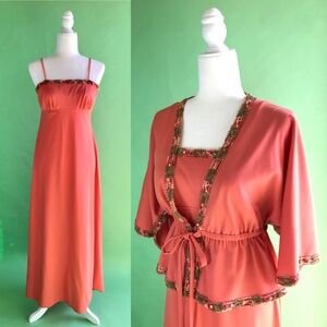Vintage 70s Coral Maxi Dress & Jacket, Spring Bridesmaid Dress - Size S/M